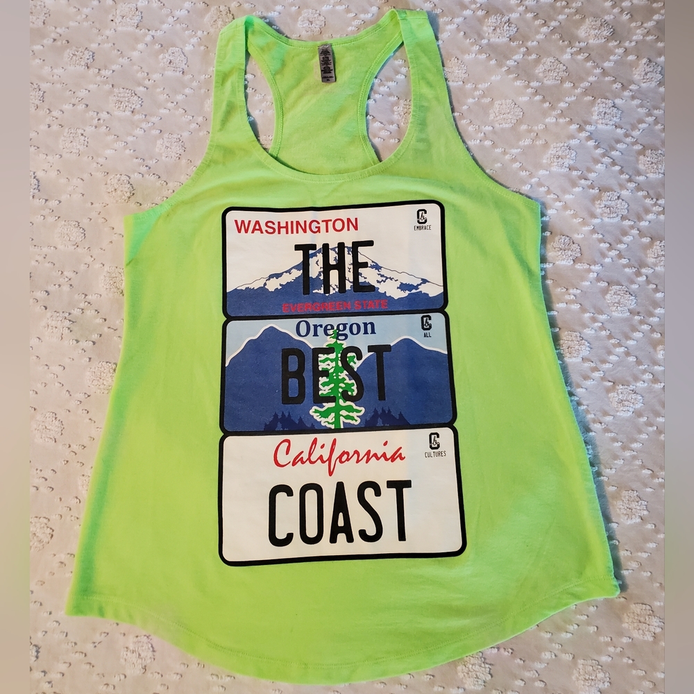 Cultural Blends "The Best Coast" Racerback Tank in Lime Green. Womens XL